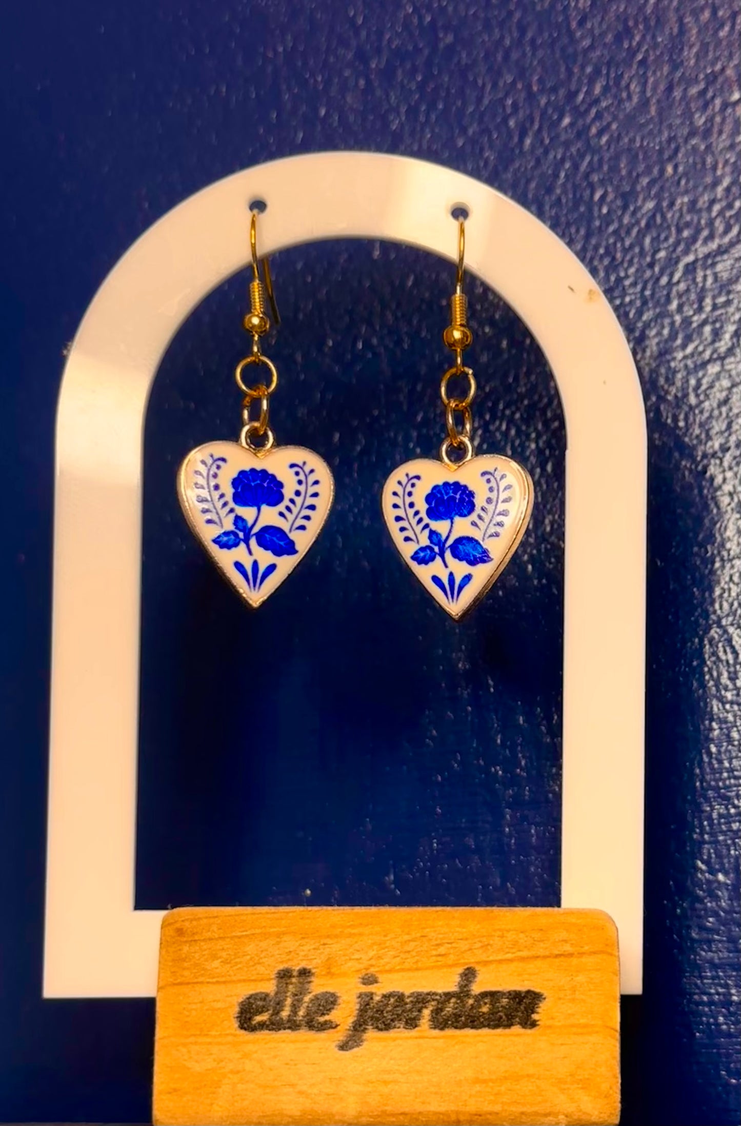 Gold Dangle with White and Blue Floral Charm