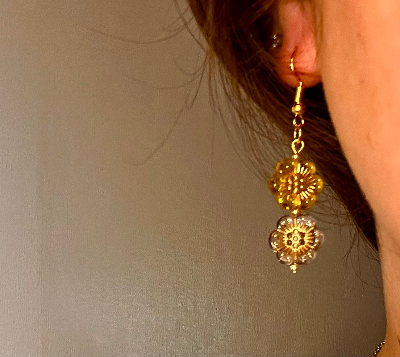Gold Dangle with Purple and Yellow Boho Beads
