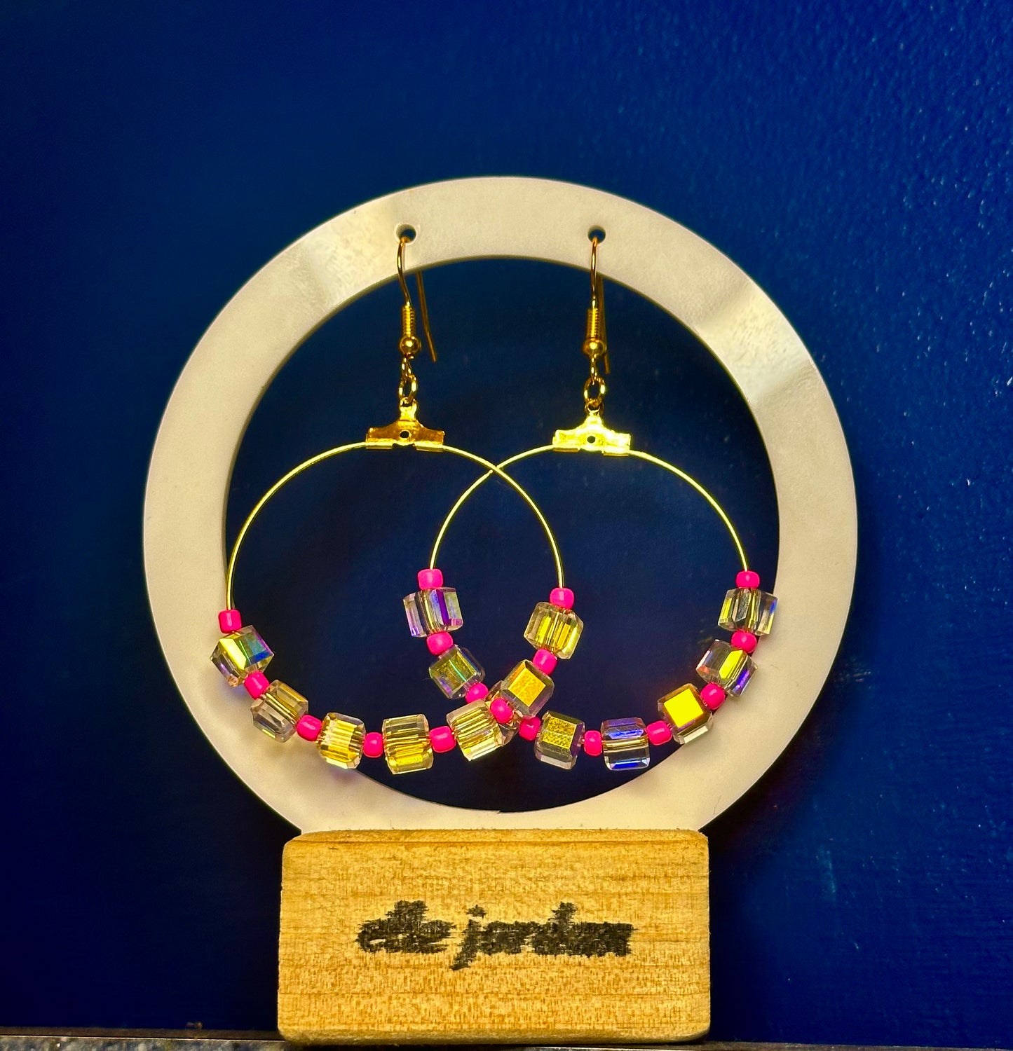 Large Gold Circle Dangle with Pink and Reflective Cube Beads