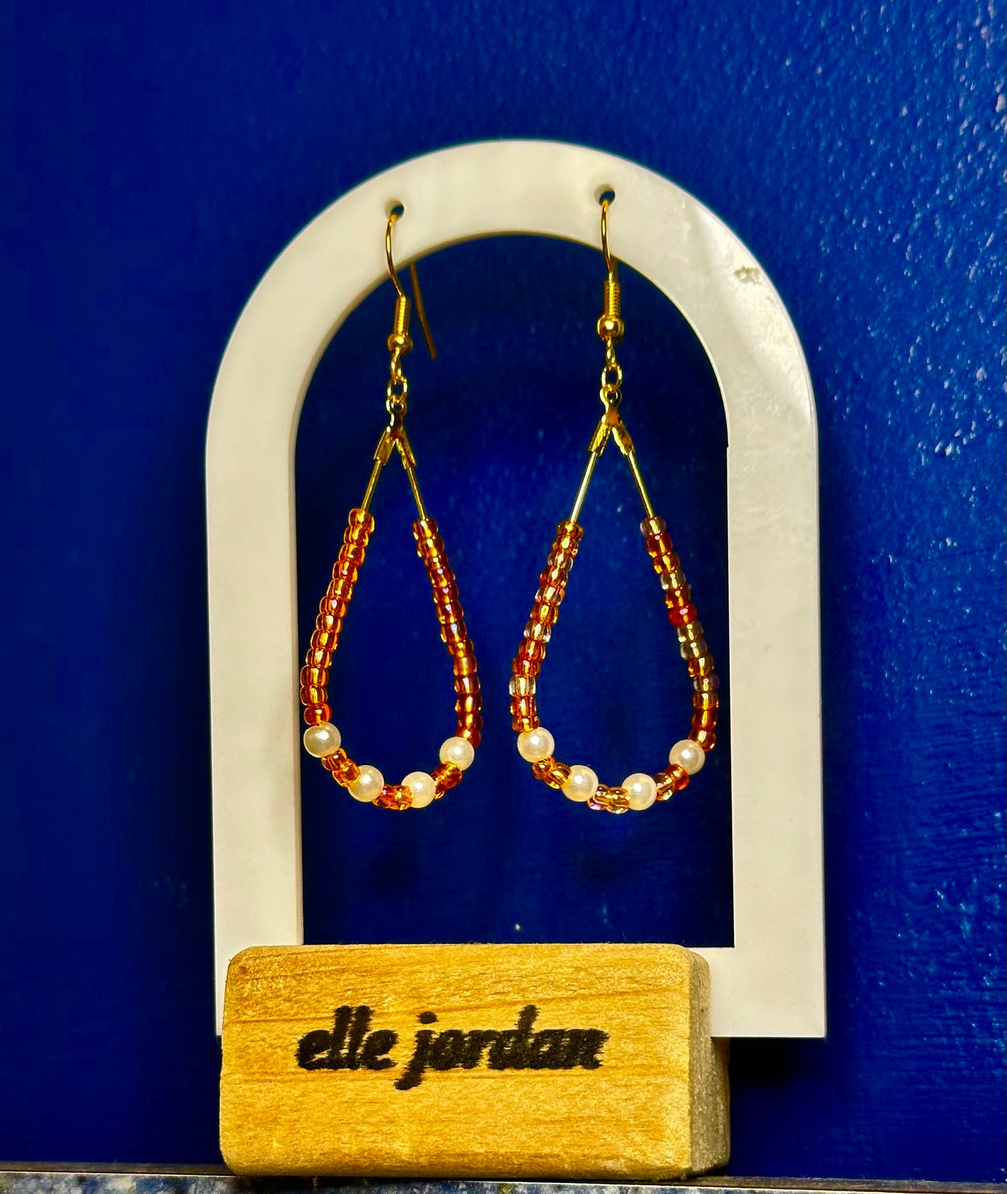 Gold Teardrop Dangle with Orange Glass and Pearl Beads