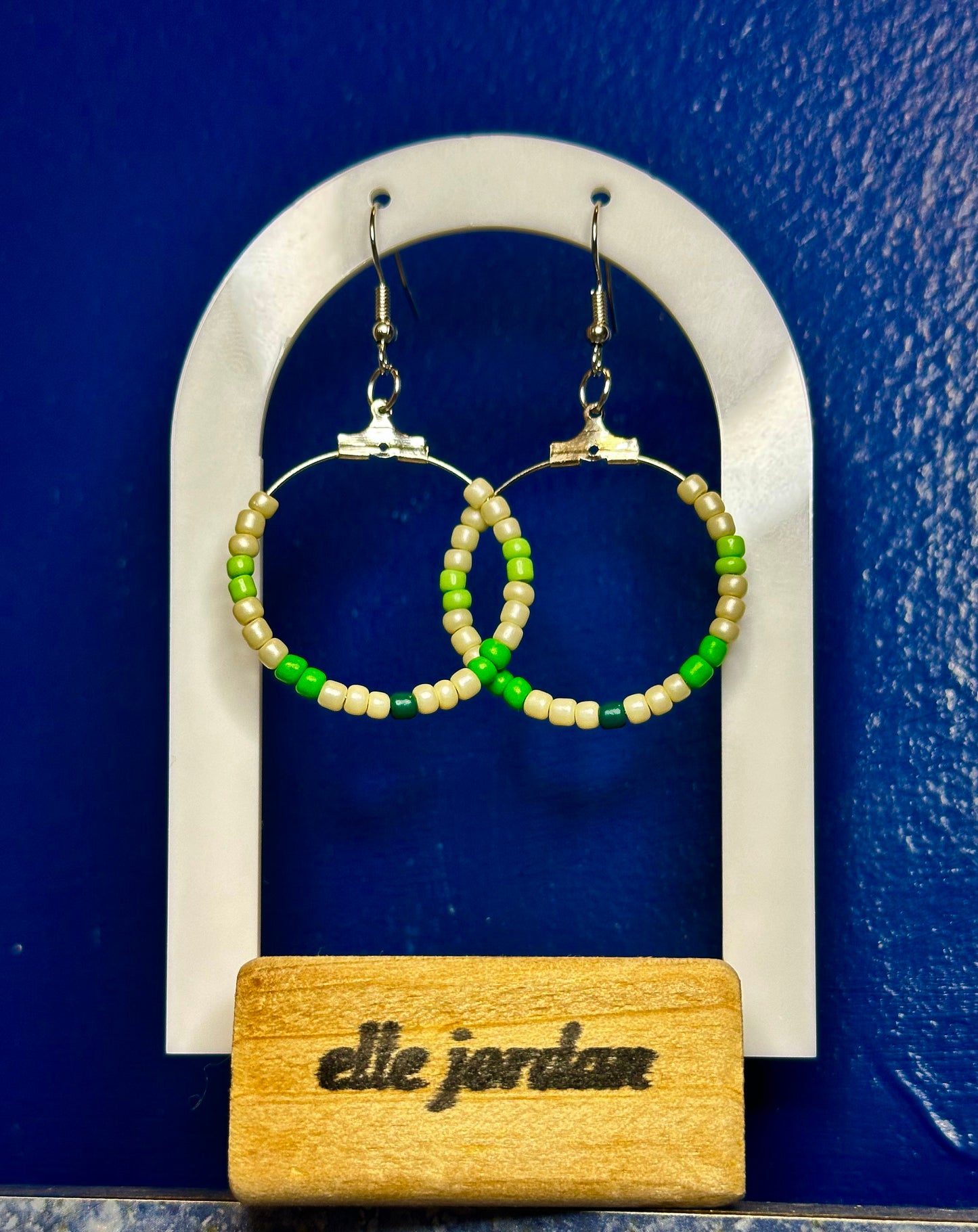 Silver Circle Dangle with Green and Cream Beads