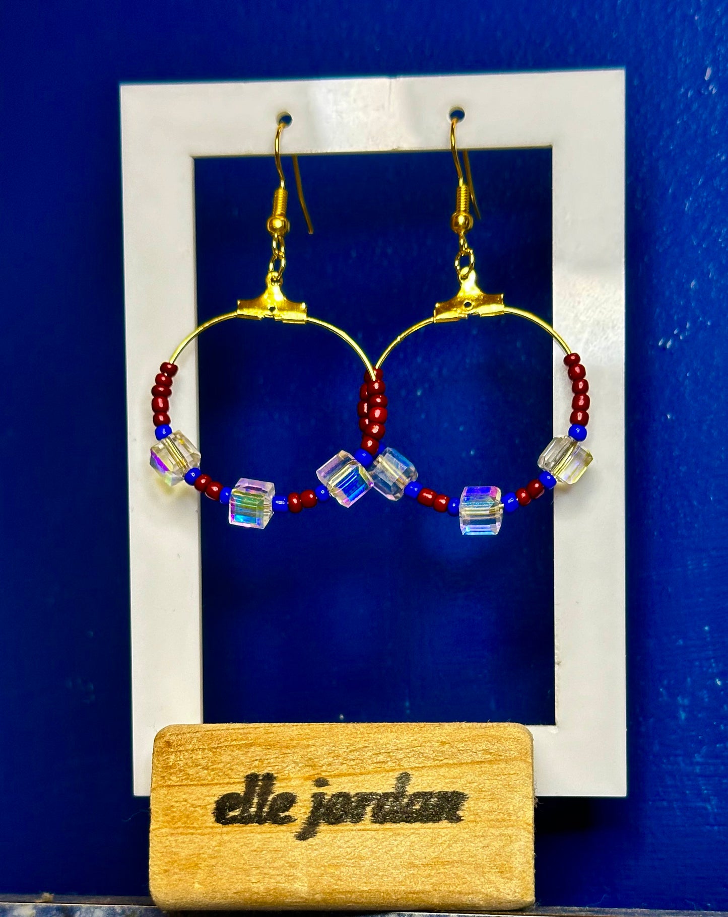 Gold Circle Dangle with Red, Blue and Reflective Cube Beads