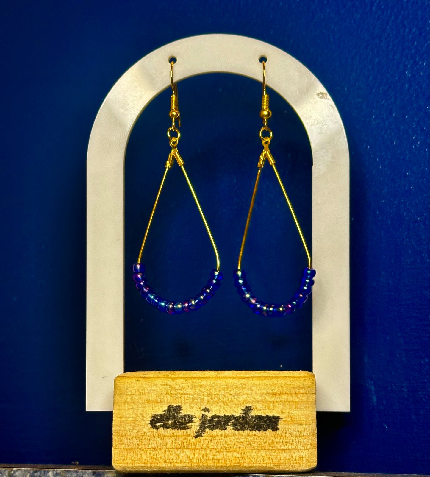 Gold Teardrop Dangle with Blue Metallic Beads