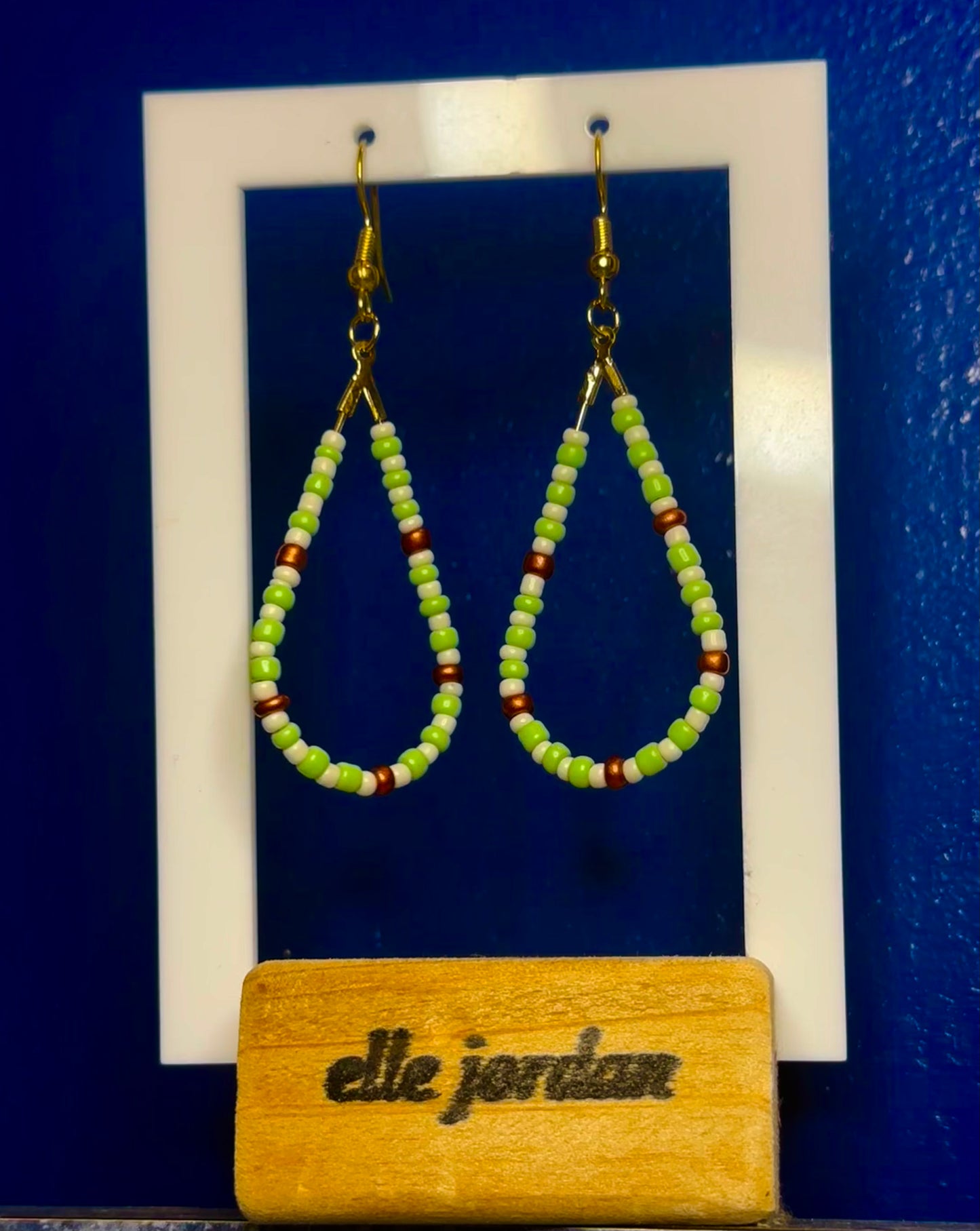 Gold Teardrop Dangle with Cream, Green and Copper Beads