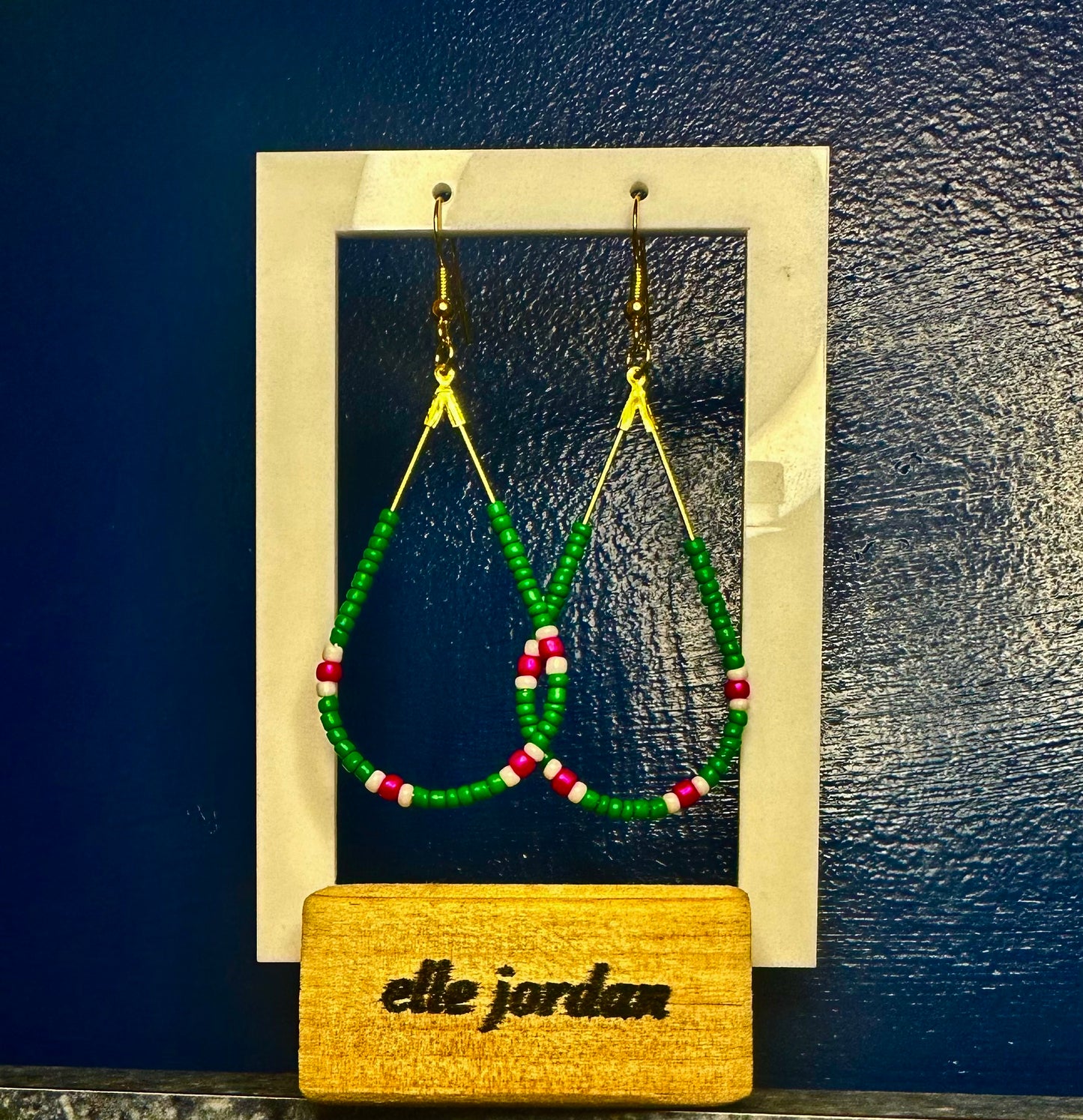 Gold Teardrop Dangle with Green, White & Pink Beads
