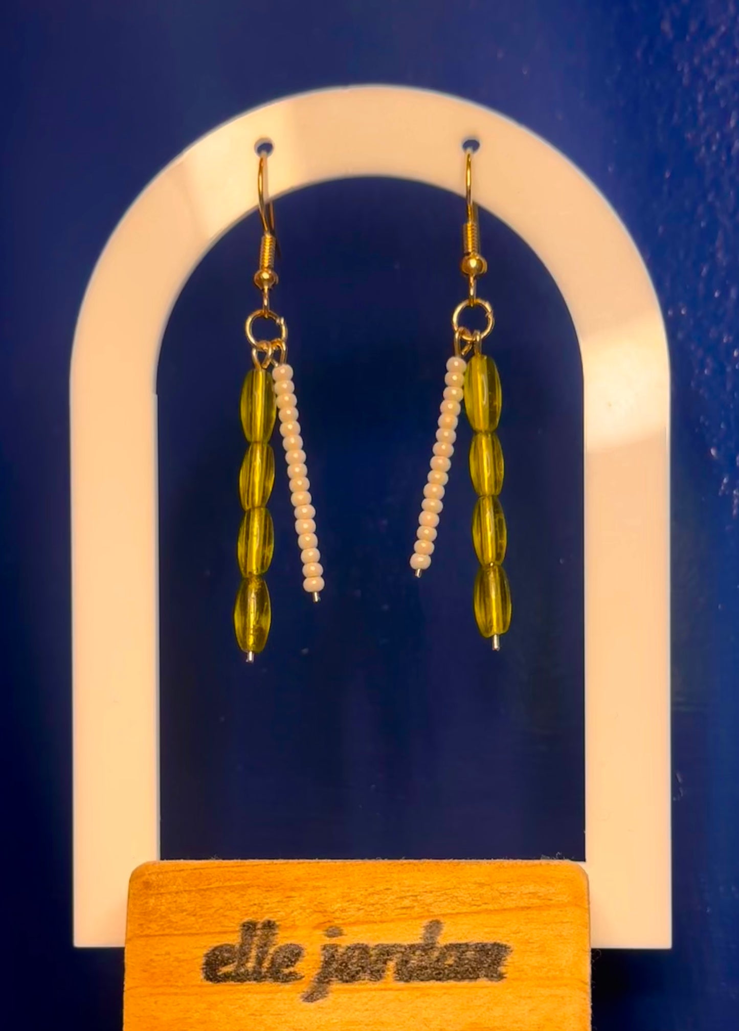 Gold Dangle with Cream and Green Oval Beads