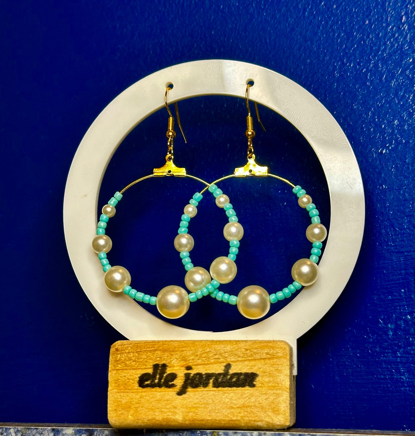 Large Gold Circle Dangle with Baby Blue and Pearl Beads