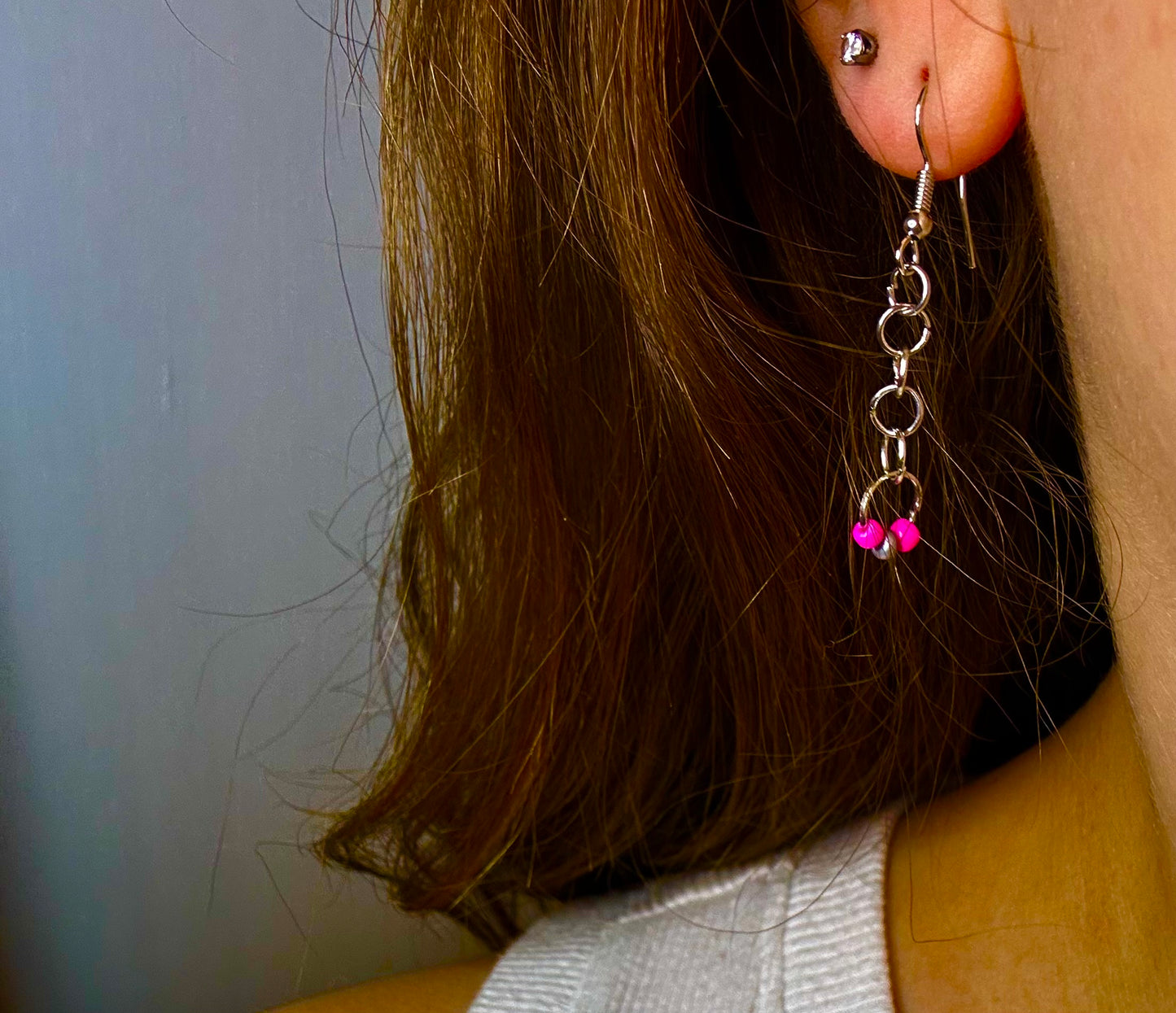 Silver Chain Dangle with Pink + Silver Beads