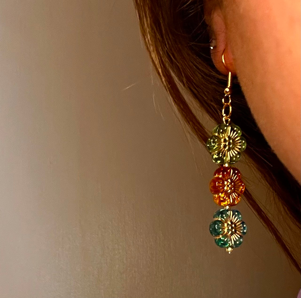 Gold Dangle with Green, Pink and Blue Boho Beads