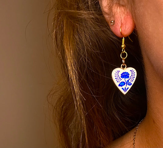 Gold Dangle with White and Blue Floral Charm