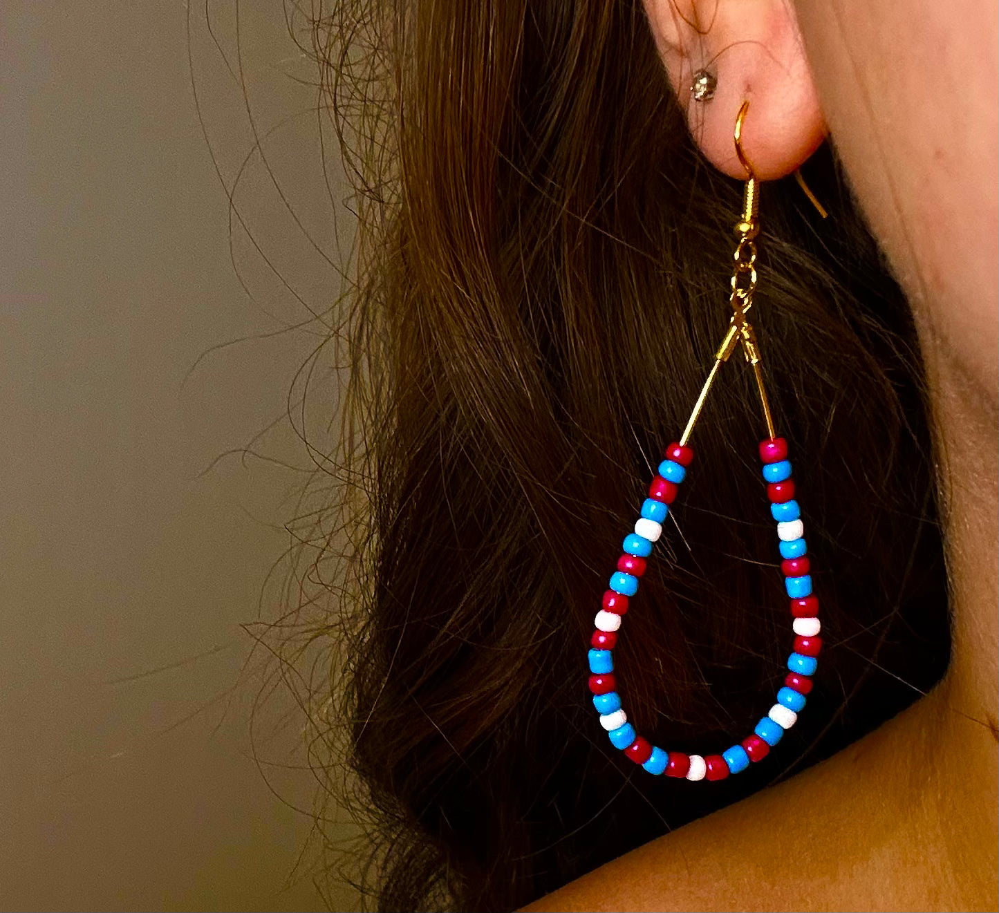 Large Gold Teardrop Dangle with Pink, Blue, and White Beads