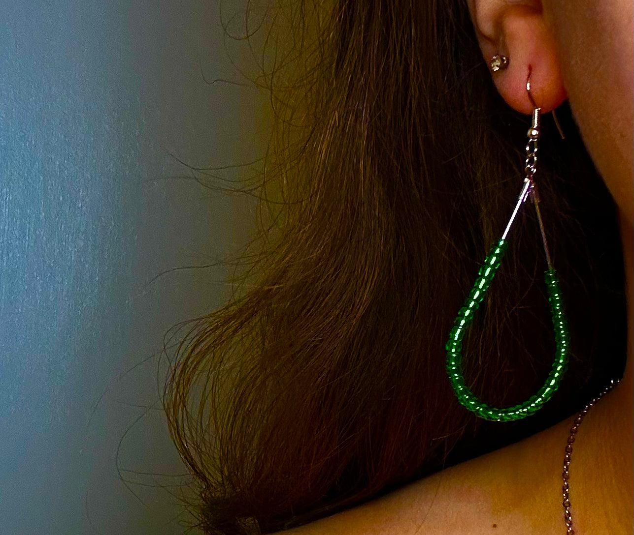 Large Silver Teardrop Dangle with Kelly Green Glass Beads