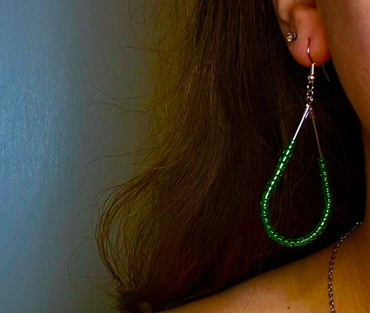 Large Silver Teardrop Dangle with Kelly Green Glass Beads