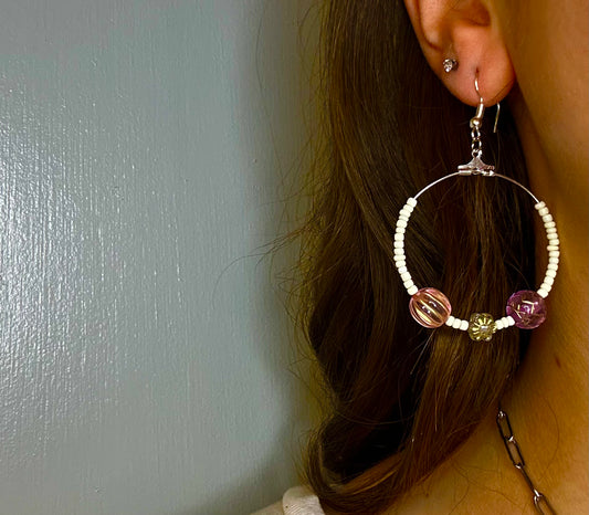 Large Silver Circle Dangle with White and Variety Boho Beads