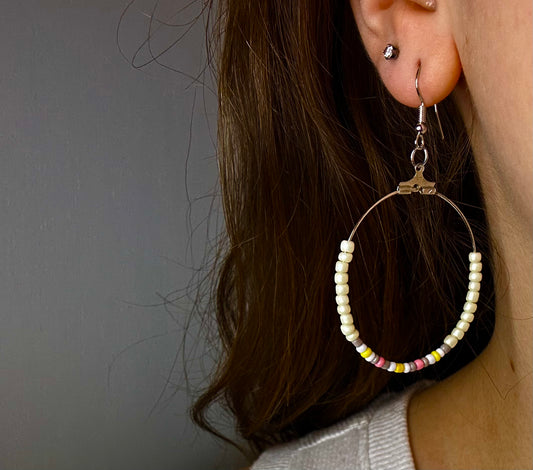 Large Silver Oval Dangle with Cream + Spring Color Beads