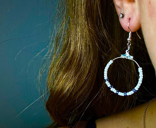 Silver Circle Dangle with White and Glass-Blue Beads