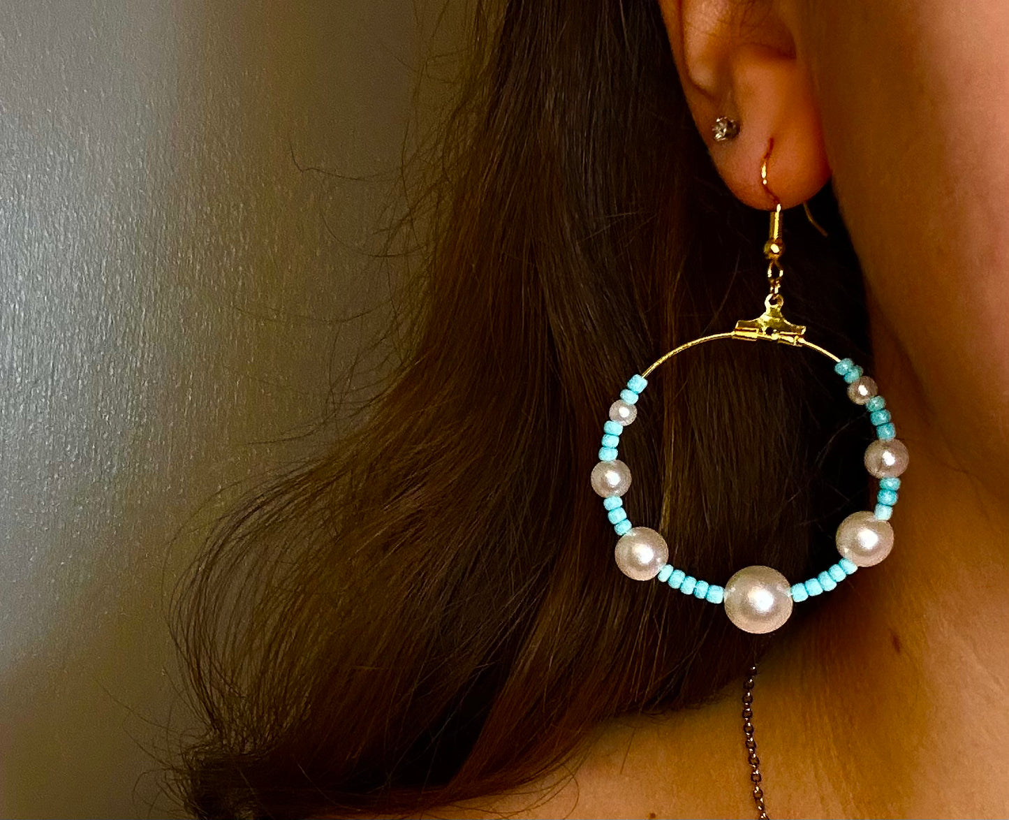 Large Gold Circle Dangle with Baby Blue and Pearl Beads