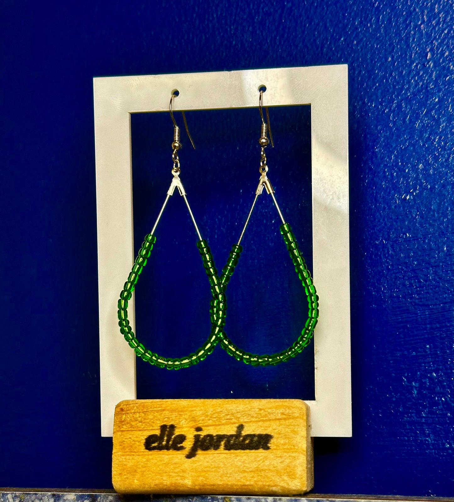 Large Silver Teardrop Dangle with Kelly Green Glass Beads