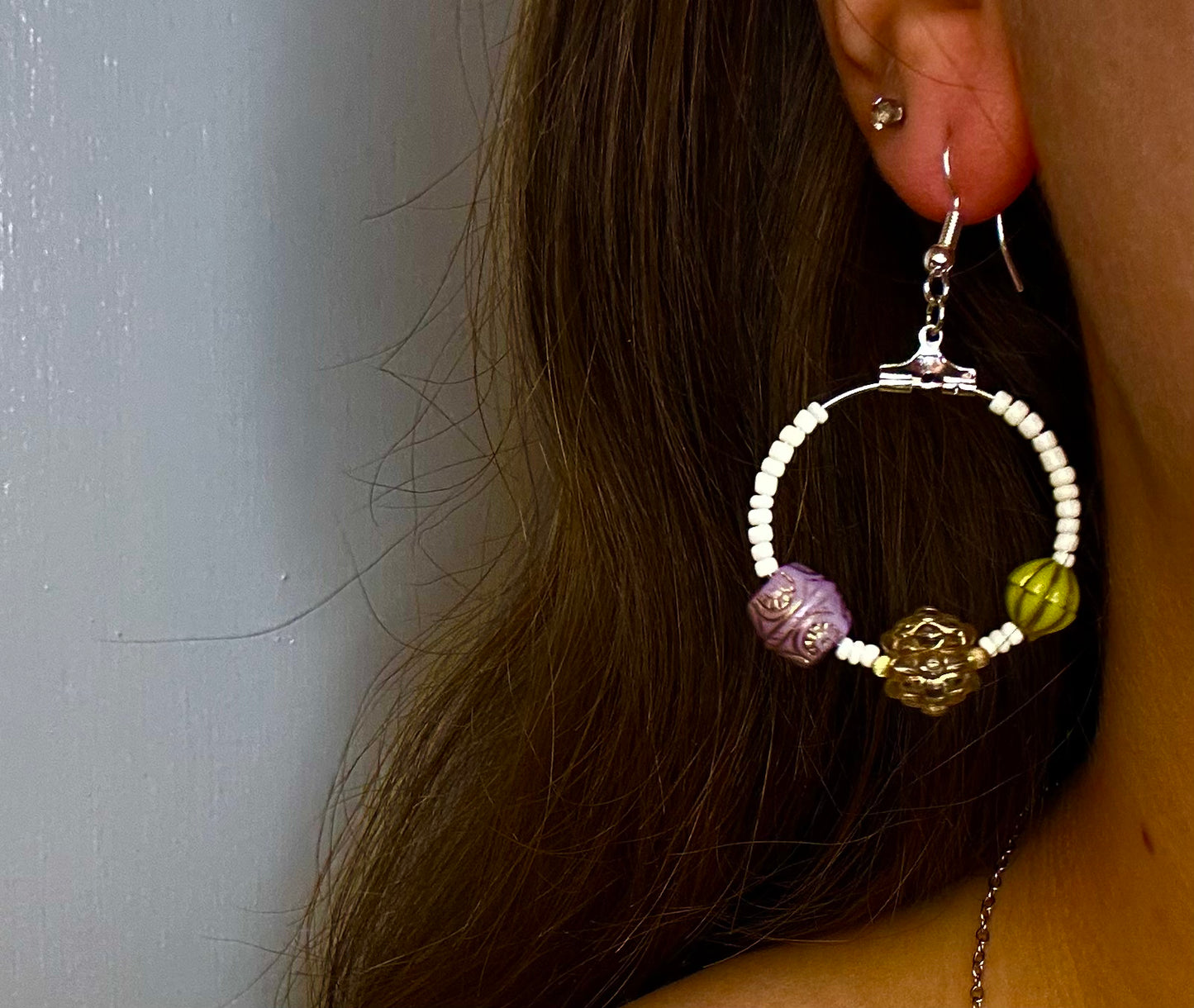 Silver Circle Dangle with White and Variety Boho Beads