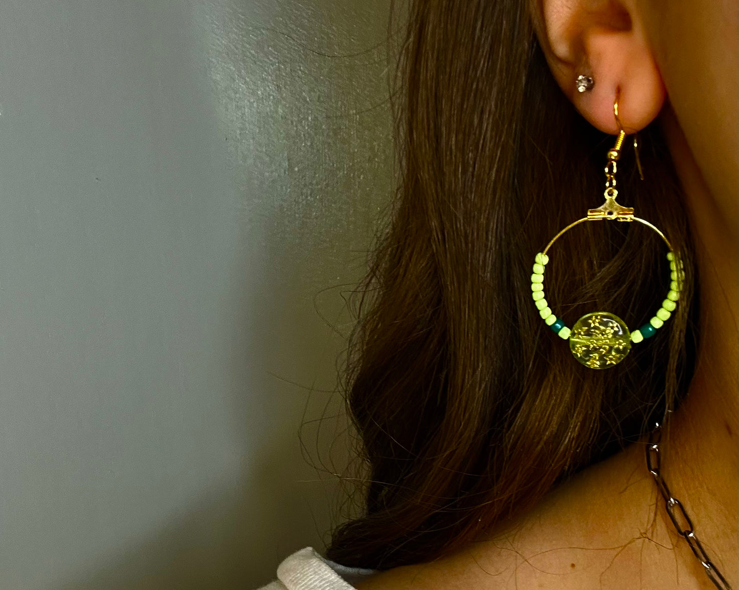 Gold Circle Dangle with Green Beads and Moon Charm