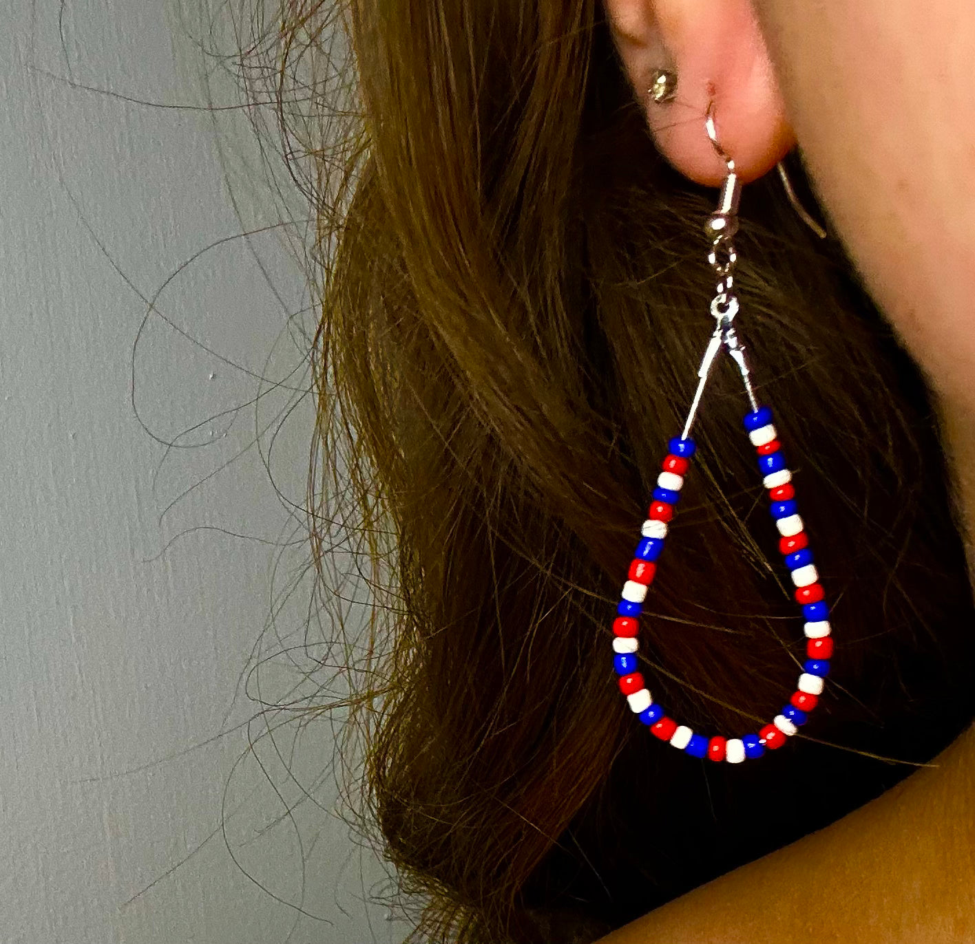 Silver Teardrop Dangle with Red, White, and Blue Beads