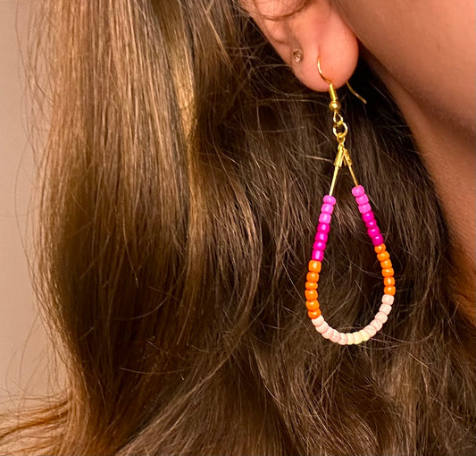 Large Gold Teardrop Dangle with Pink and Orange Hombre Beads