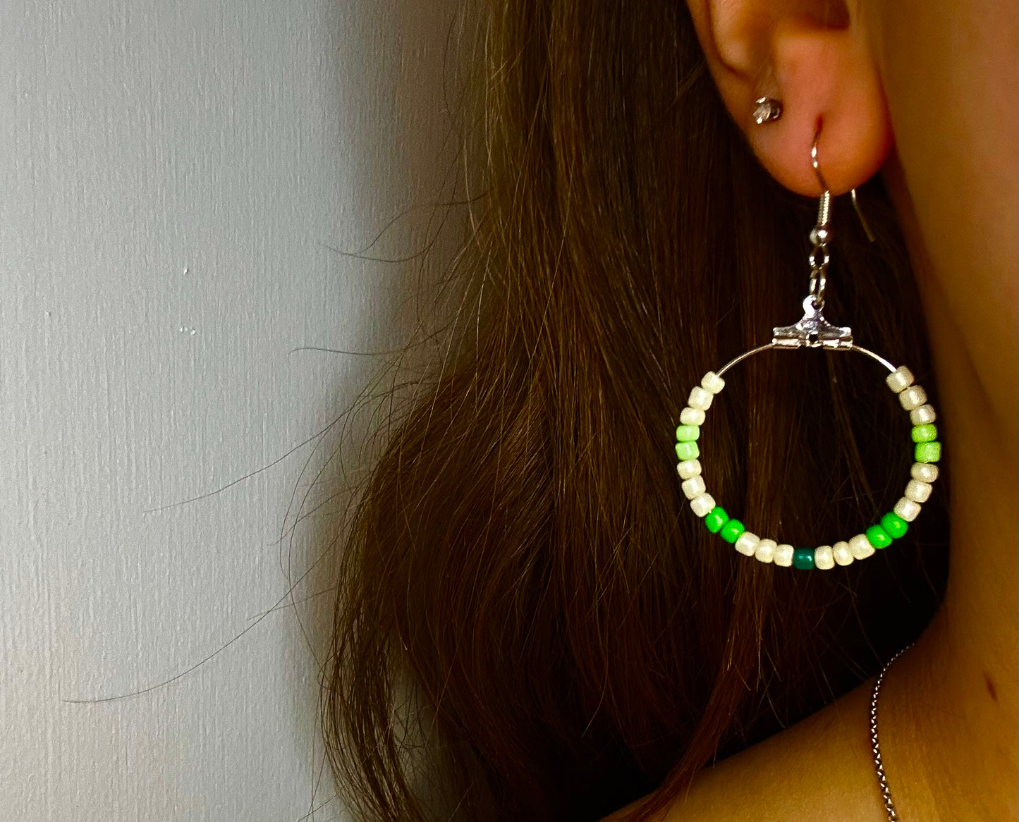 Silver Circle Dangle with Green and Cream Beads