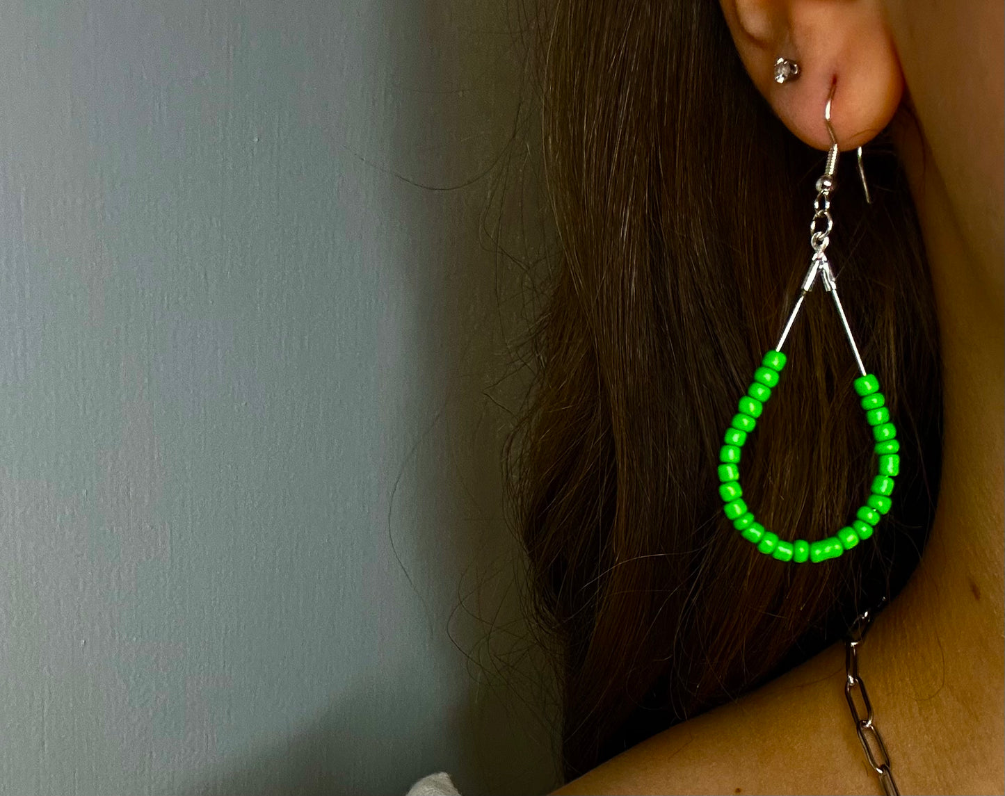 Silver Teardrop Dangle with Lime Green Beads