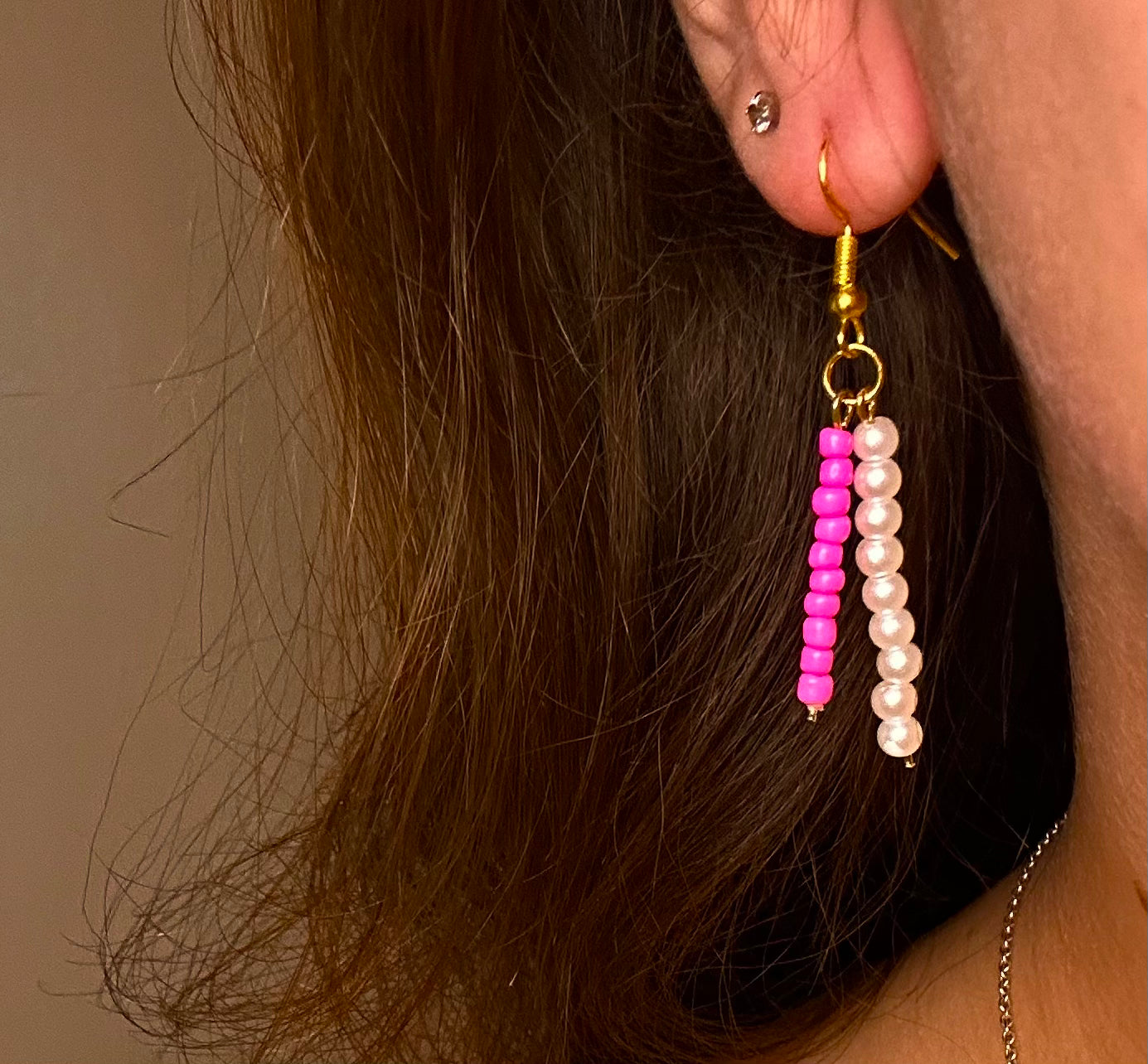 Gold Dangle with Pink and Pearl Beads