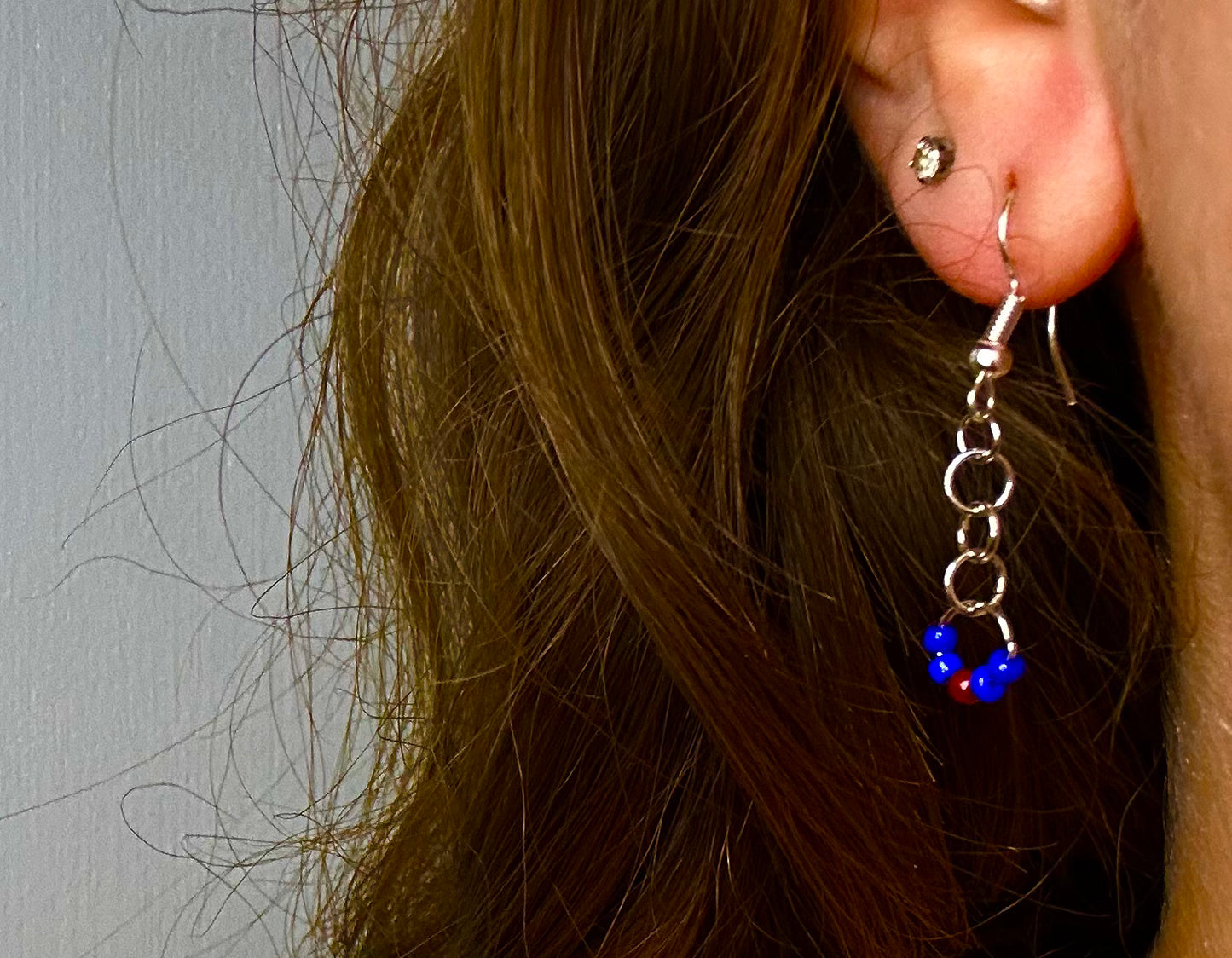 Silver Chain Dangle with Blue and Red Beads