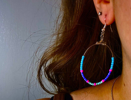 Large Silver Oval Dangle with Multicolor Beads