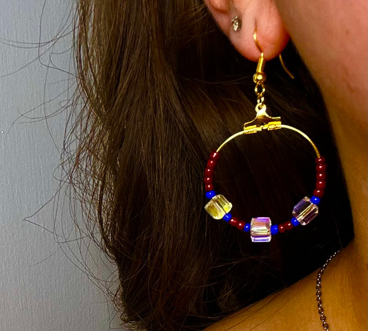 Gold Circle Dangle with Red, Blue and Reflective Cube Beads
