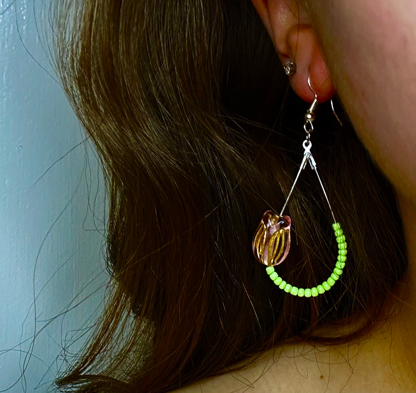 Silver Teardrop Dangle with Green and Pink Floral Boho Beads