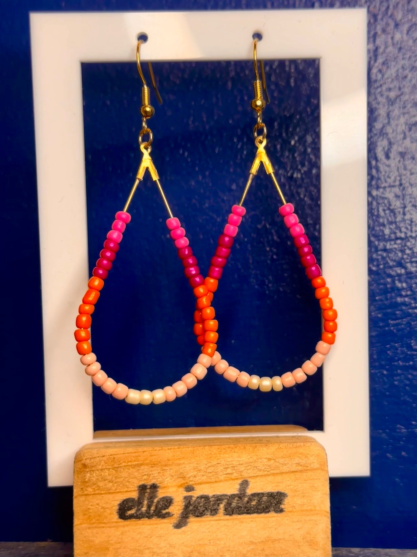 Large Gold Teardrop Dangle with Pink and Orange Hombre Beads