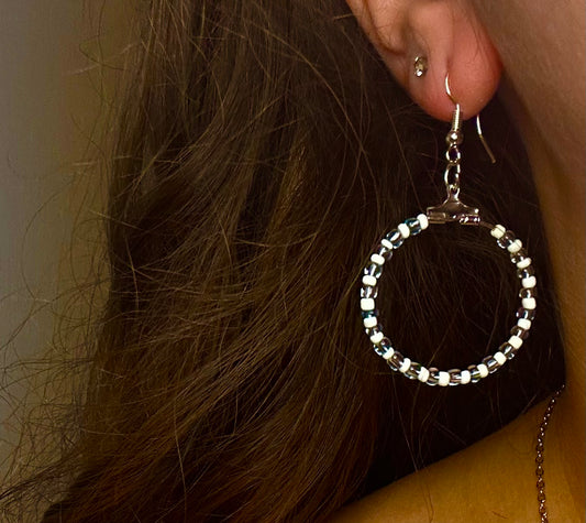 Silver Circle Dangle with Cream and Glass Blue Beads