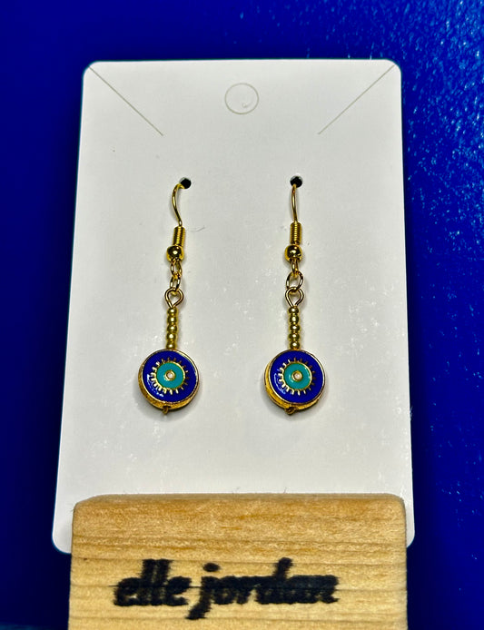 Gold Circle Charm Dangle with Blue, Green and Gold Detail