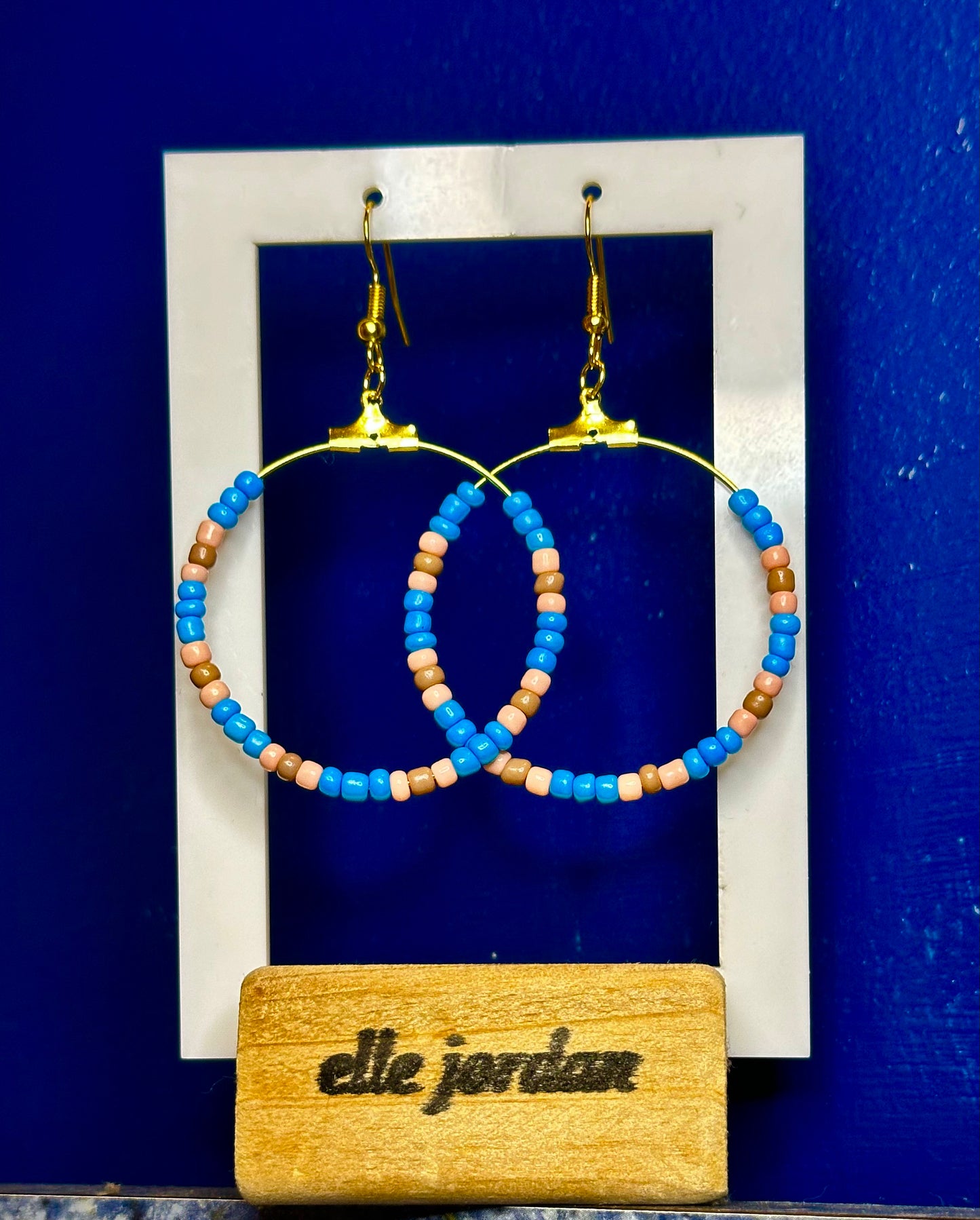 Large Gold Circle Dangle with Blue, Pink and Beige Beads