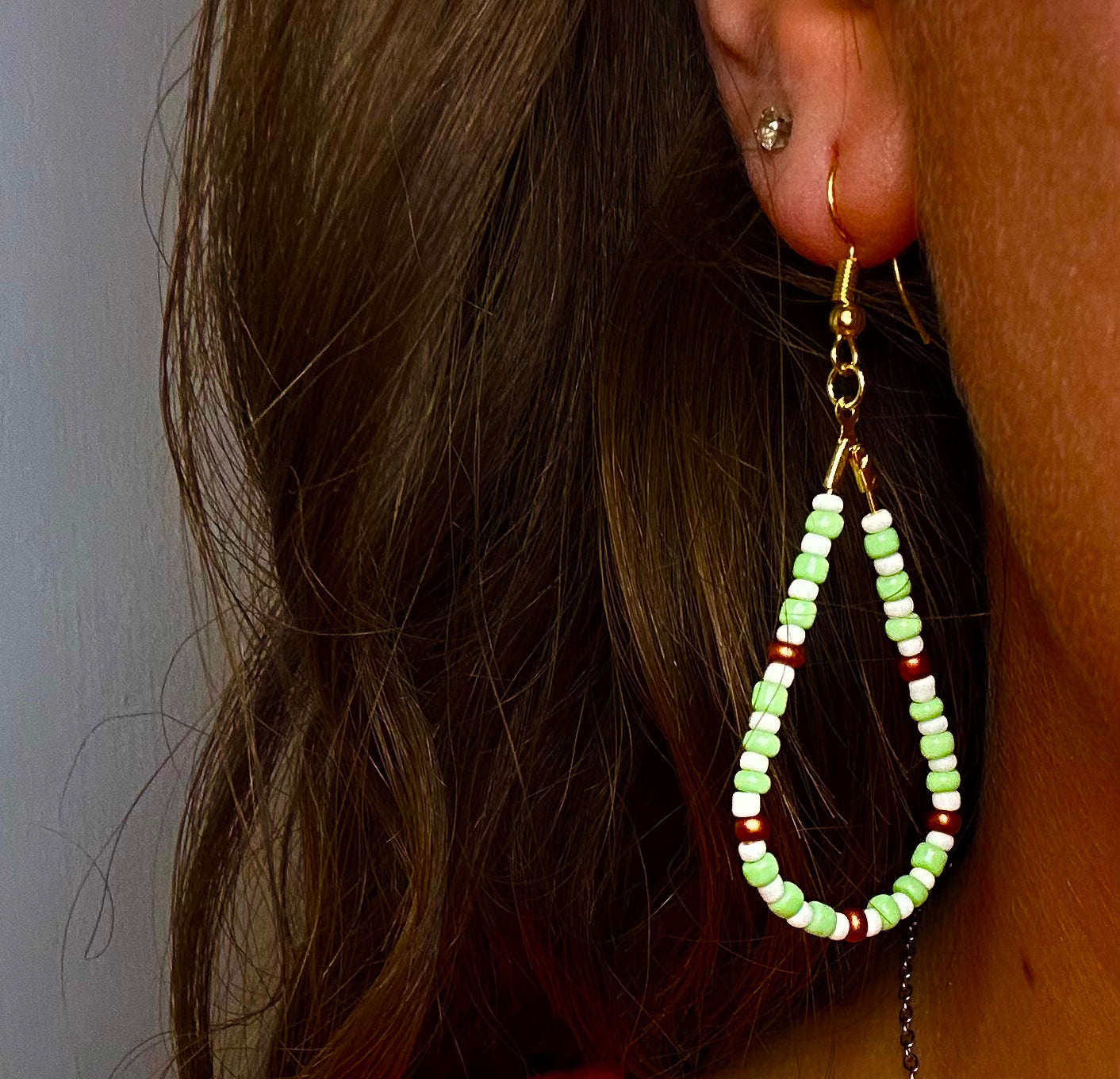 Gold Teardrop Dangle with Cream, Green and Copper Beads