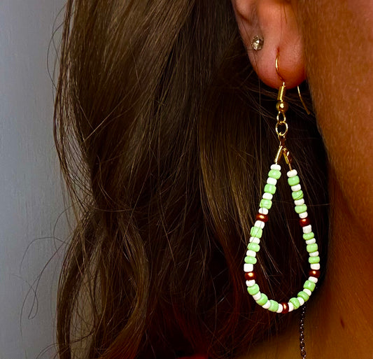Gold Teardrop Dangle with Cream, Green and Copper Beads