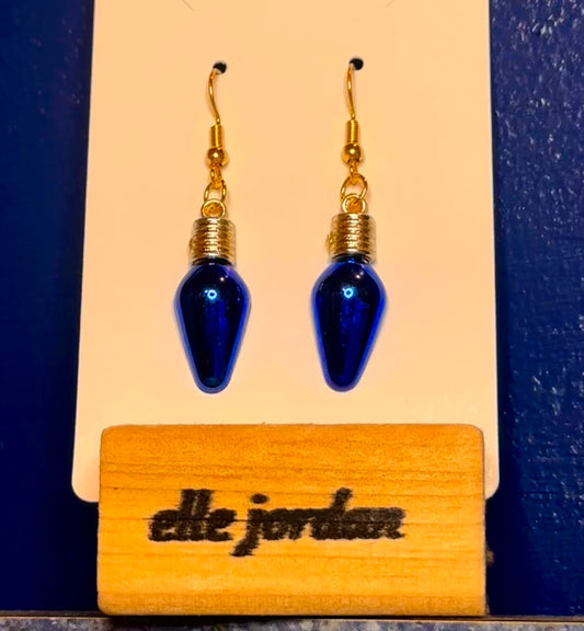 Gold Holiday Light Bulb Dangle with Blue Bulb
