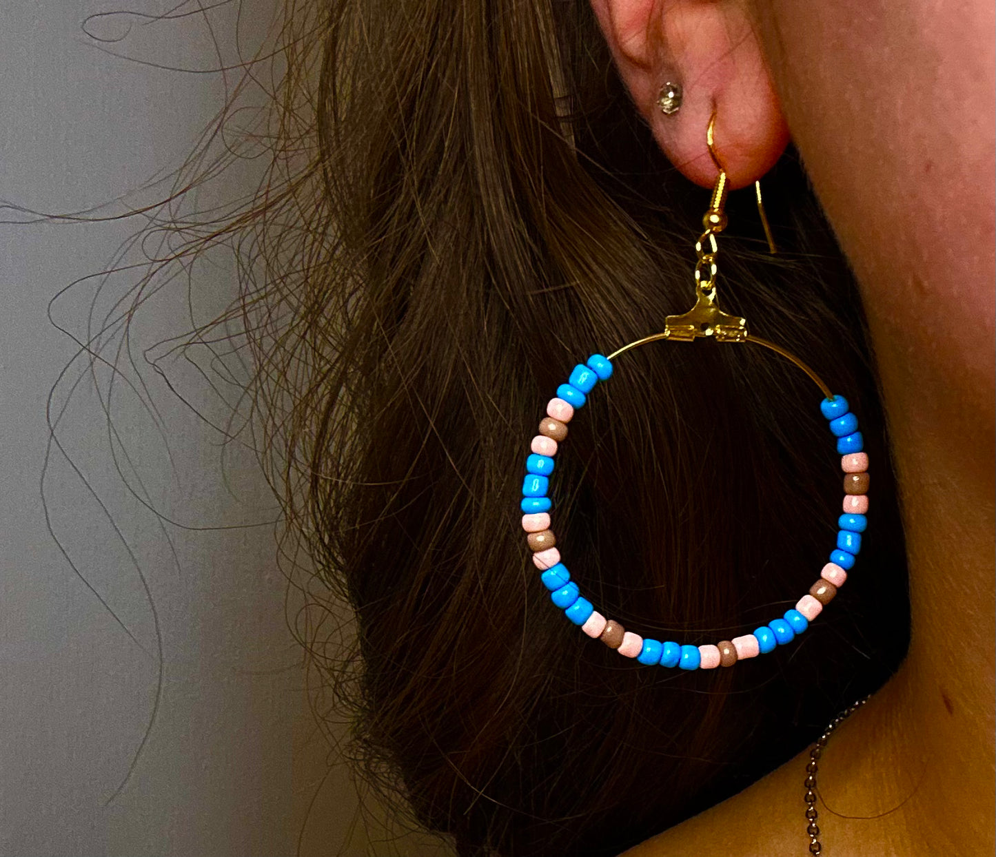 Large Gold Circle Dangle with Blue, Pink and Beige Beads