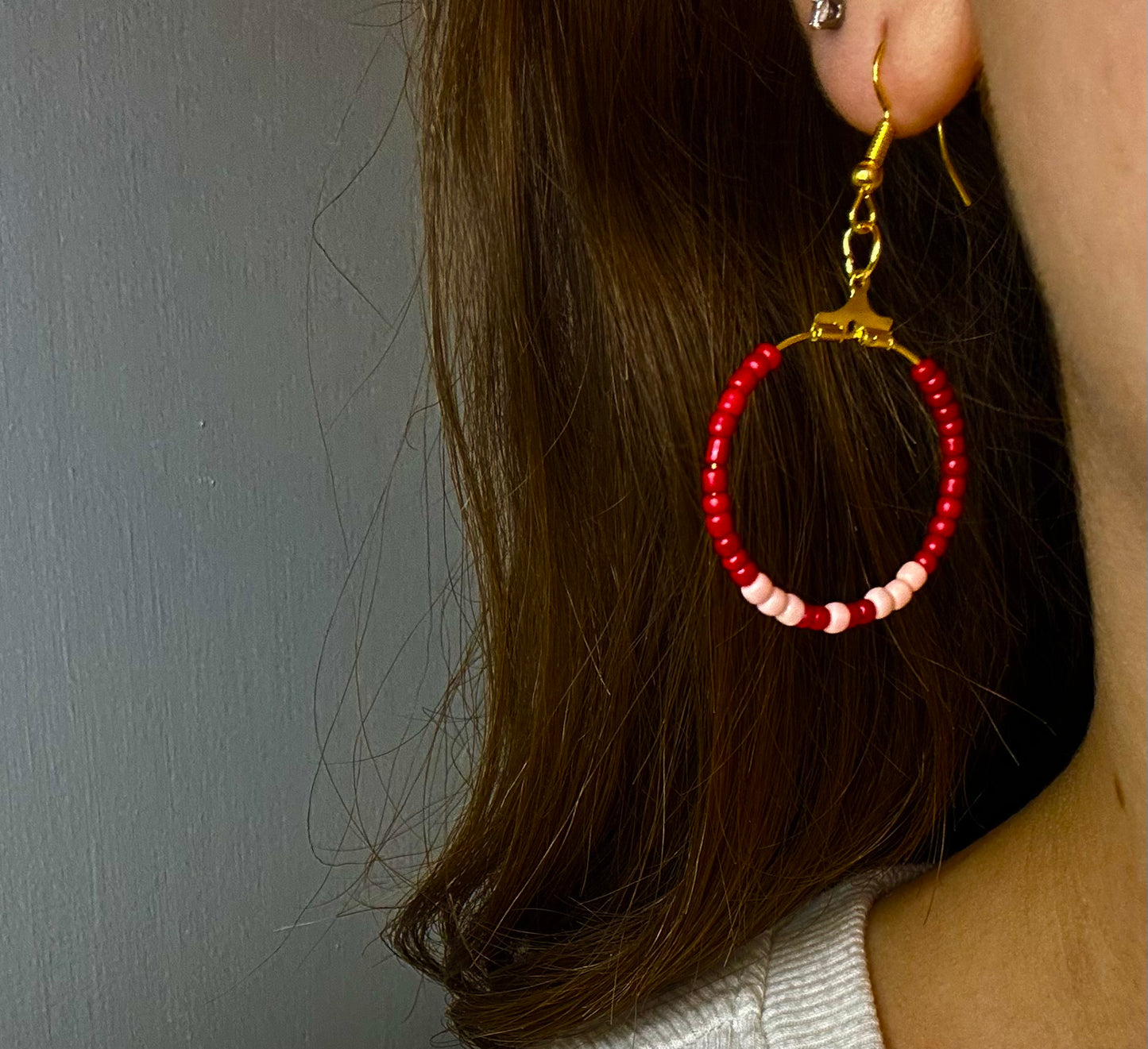Gold Circle Dangle with Red + Pink Beads