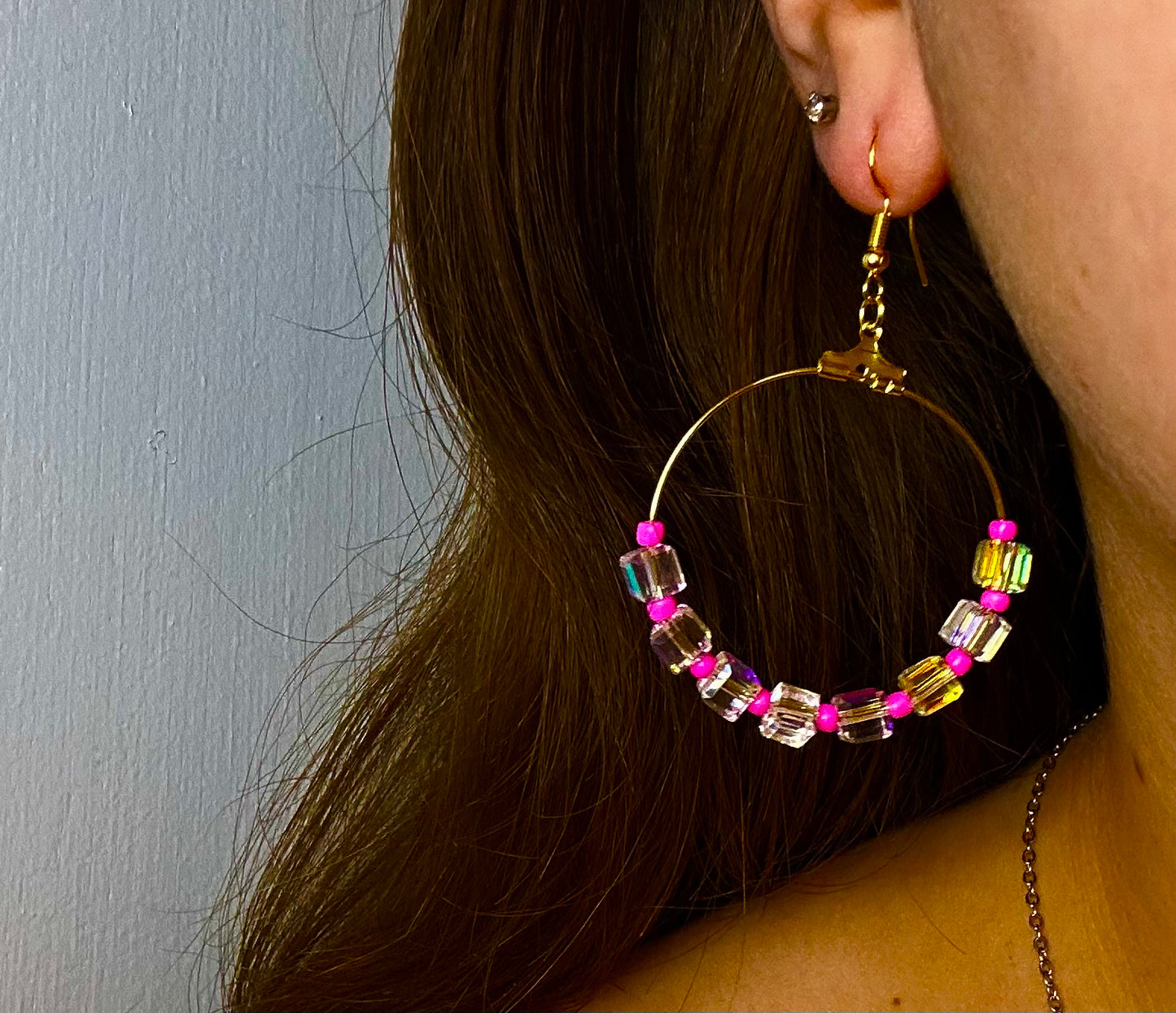 Large Gold Circle Dangle with Pink and Reflective Cube Beads