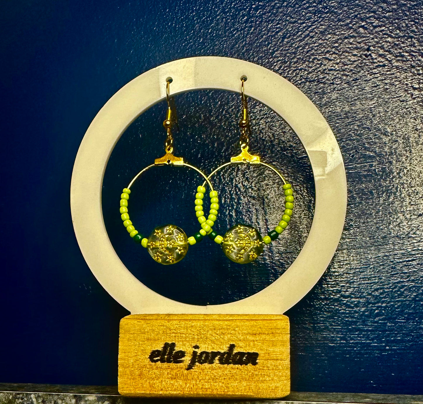 Gold Circle Dangle with Green Beads and Moon Charm