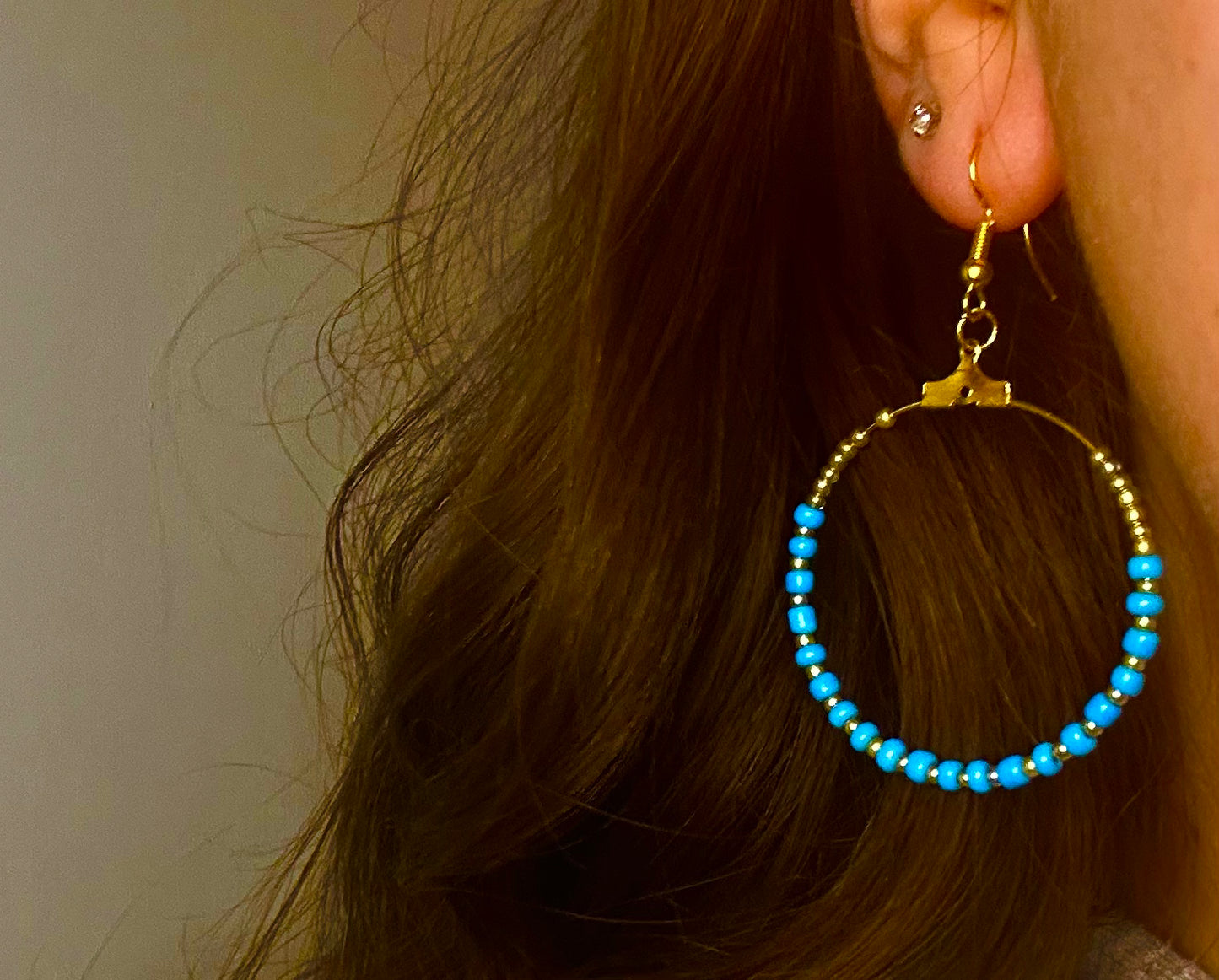 Large Gold Circle Dangle with Gold and Baby Blue Beads