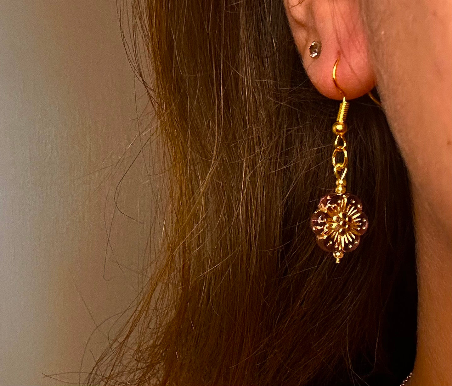 Gold Dangle with Purple Floral Boho Bead