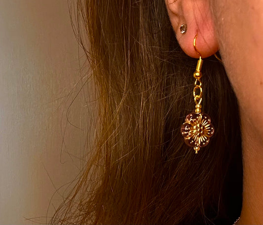 Gold Dangle with Purple Floral Boho Bead