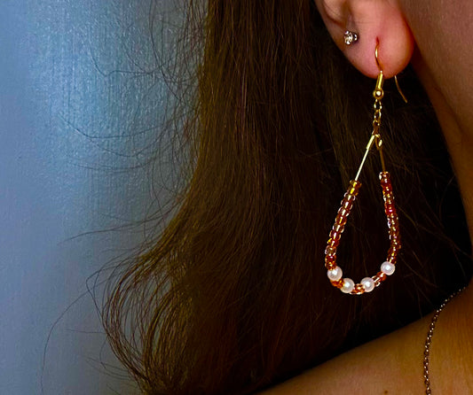 Gold Teardrop Dangle with Orange Glass and Pearl Beads