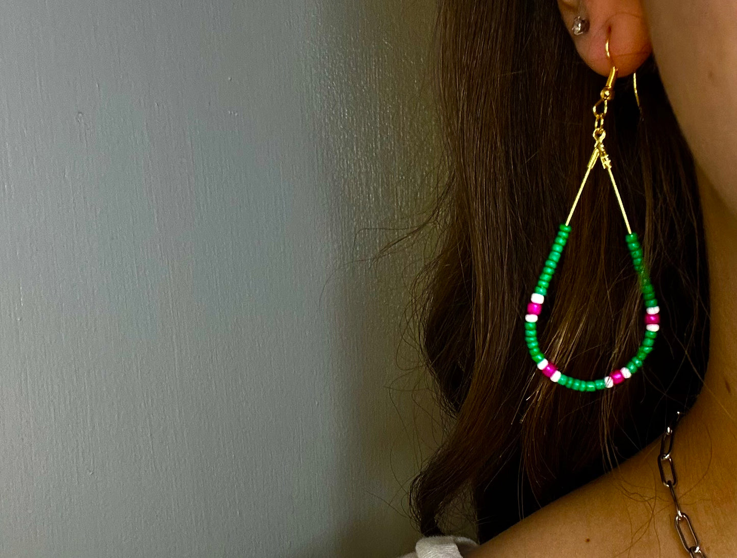 Gold Teardrop Dangle with Green, White & Pink Beads